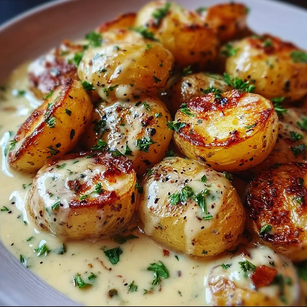 Ultimate Creamy Garlic Sauce Baby Potatoes with Fresh Herbs and Parmesan